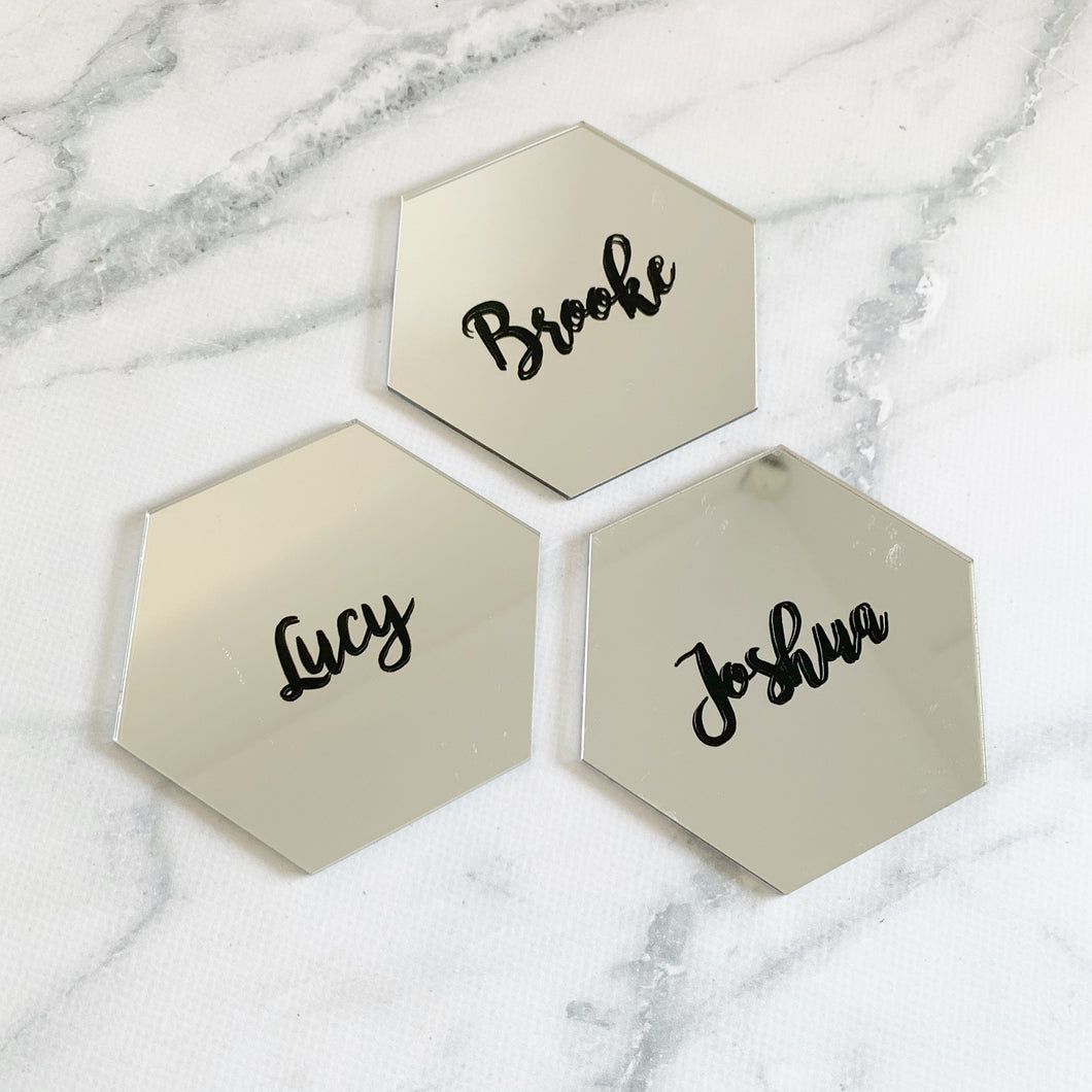 Acrylic Hexagon Place Cards - Silver Mirror