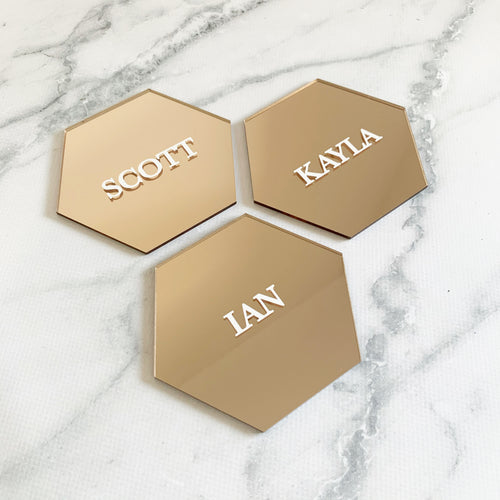 Acrylic Hexagon Place Cards - Rose Gold Mirror